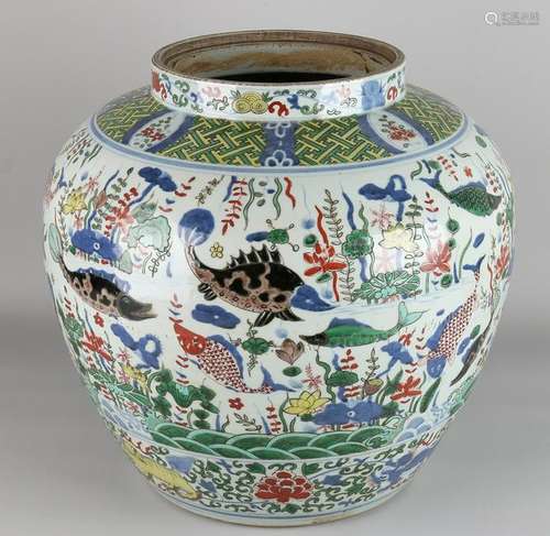 Big old Chinese porcelain vase with decor sturgeon