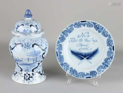 Twice antique Dutch Fayence. One Delft dish with