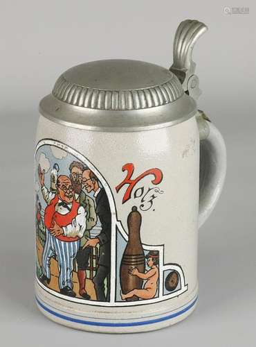 Antique German Art Nouveau stoneware 'Jest' tankard.