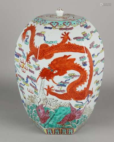 Big old Chinese porcelain vase with dragon decoration.