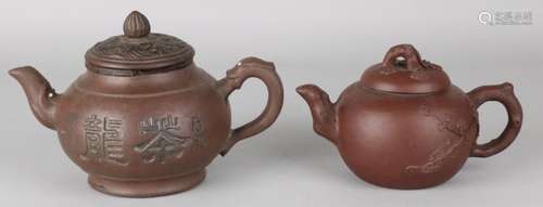 Two old / antique Chinese Yixing teapots with soil