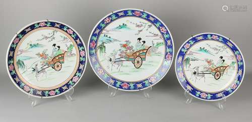 Three antique Japanese porcelain plates with figures in