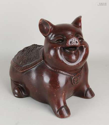 Big old / antique Chinese terracotta smiling pig with