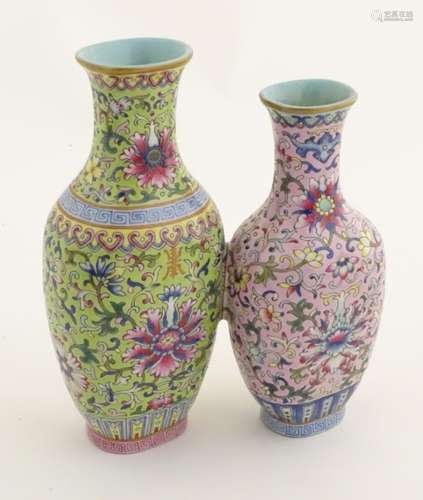 A Chinese famille rose double vase, joined at the shoulder.