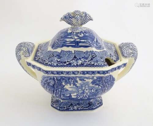 A Mason's ironstone china blue and white lidded tureen with twin handles, in the pattern Vista.