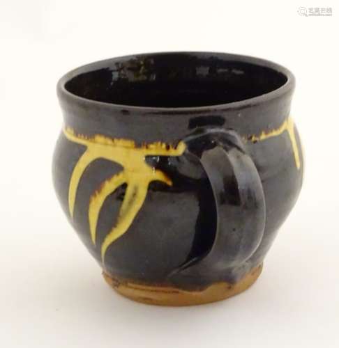 A studio pottery oversized mug, with brushwork decoration. Approx.