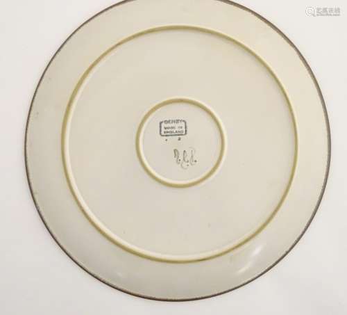 A 20thC Denby platter / large plate with banded heart and shape decoration. Marked under. Approx.