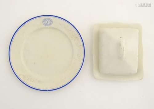 An Oddfellows white glazed plate with a blue rim, and an oval marked Sir Harry Verney Lodge,