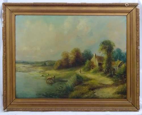 Indistinctly signed, XIX, Oil on canvas, Country vista with figure walking a path,