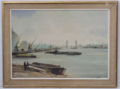 Arthur H Twells (1921), Irish, Oil on board, The River Thames showing boats, barges and cranes etc.