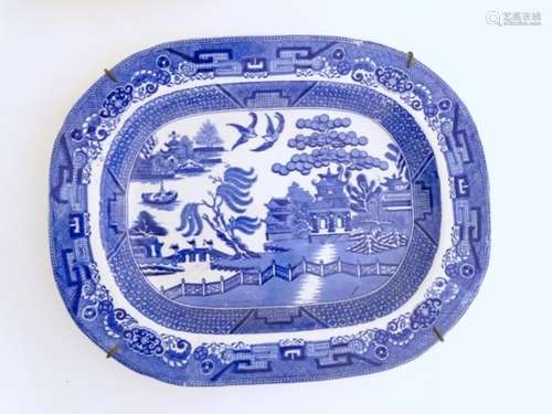 Two blue and white willow pattern meat plates by W. Adams & Sons.