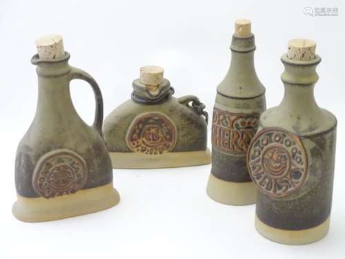 Four Tremar of Cornwall studio pottery stoneware flagons / bottles for Wine, Brandy,