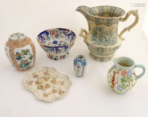 Six assorted ceramics items to include a Chinese ginger jar with panelled flower and bird