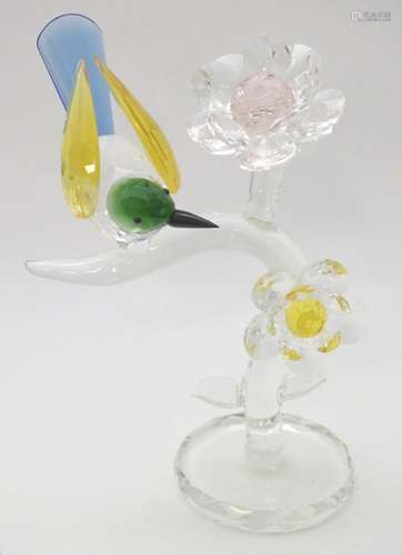 A Swarovski-style crystal table centrepiece, formed as a branch with flowers and perching bird.