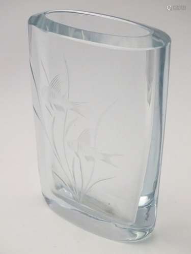 A Swedish Stromberg Hyttan art glass pocket vase, the etched decoration depicting fish among reeds.