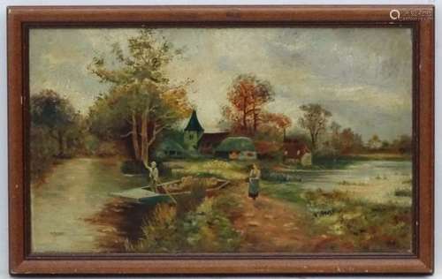 Ivy Richards, Oil on canvas  A Cambridgeshire river, punt, figures and sheep, Signed lower left.