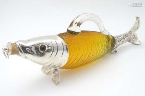 A 21stC novelty silver plated and coloured glass decanter in the form of a fish, 14