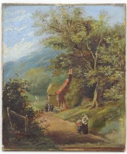 English Victorian School, Oil on canvas, Figures and a cottage on a wooded hillside track,