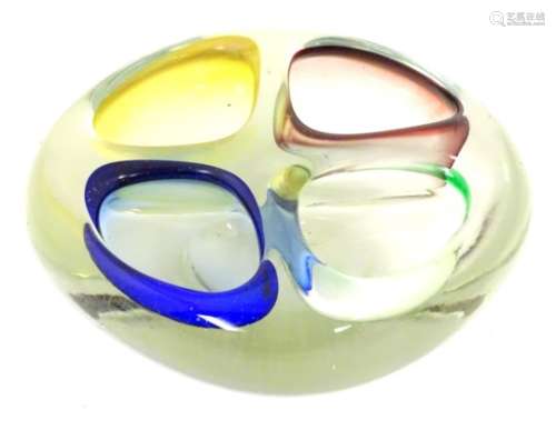 A retro studio art glass four division dish with coloured detail to wells.