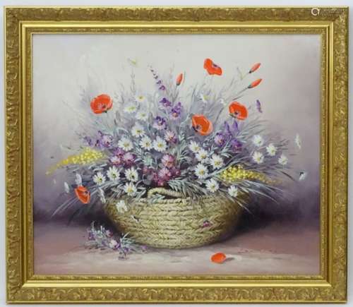 Fallal, XX, Oil on canvas, A still life of flowers, poppies etc. in a basket, Signed lower right.