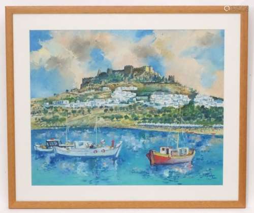 T J Kapas, XX, Oil on canvas laid on board, A Mediterranean coastal scene with fishing boats,