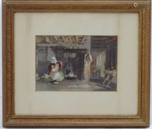 Victorian cottage interior, Watercolour and gouache, Cottage interior with mother and child.