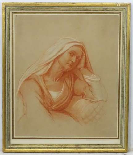 XVIII / XIX, Old Master School, Chalk on paper, A portrait of a woman holding her head.