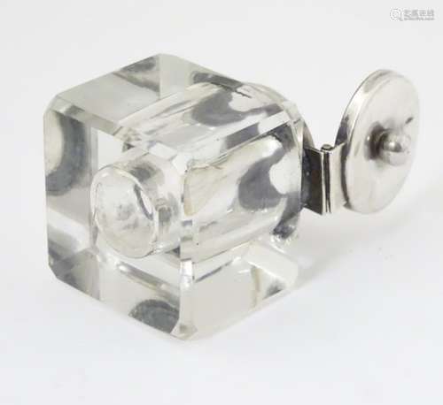 A glass inkwell of squared form with silver top hallmarked Sheffield 1897 maker W W Harrison & Co 1