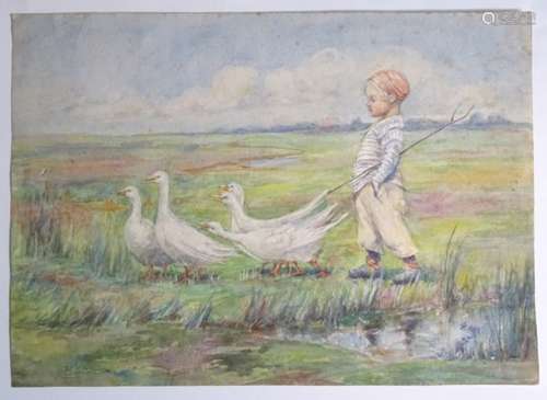 Mid XX, Continental School, Watercolour, A young boy with geese on a water meadow.