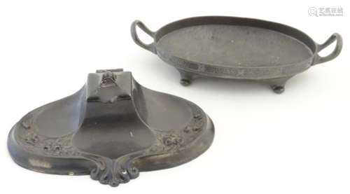 Decorative metalware : an ornate pewter desk inkwell / standish together with a ' Manor ' ? Oval