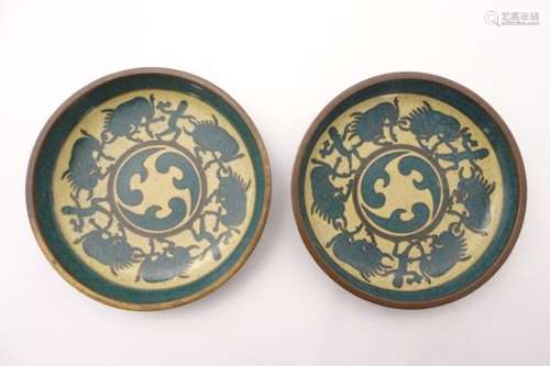 A pair of unusual cloisonne brush wash dishes with banded decoration depicting stylised warrior