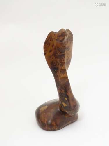 An early 20thC amboyna carving formed as a rearing King Cobra / Hamadryad snake. 7 7/8