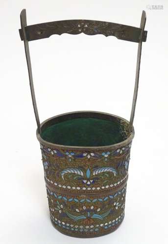 A late 18thC /early 19thc Russian bucket / pale with polychrome enamel decoration in the champleve