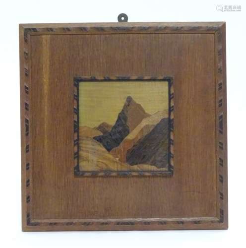 Rowley Gallery Panel: A parquetry panel entitled Alpine Night, bearing A J Rowley,