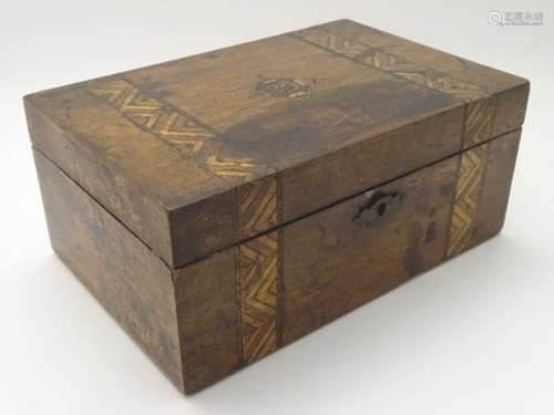 A 19thC walnut box with banded parquetry inlay. Approx.