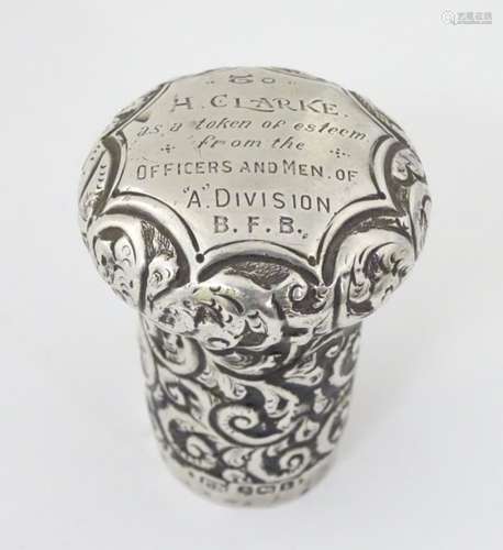 A silver cane / stick top / pommel engraved ' To H.