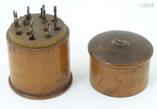 Victorian treen: A turned fruitwood watchmaker's drill case of cylindrical form. Stamped S. Gimson.