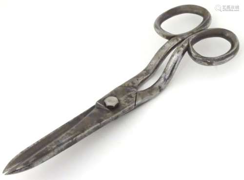 A pair of late 19thC / early 20thC large steel industrial shears / scissors. Marked LONG. Approx.