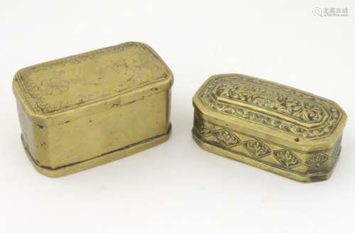 Two brass snuff boxes, one with embossed floral and bird decoration,