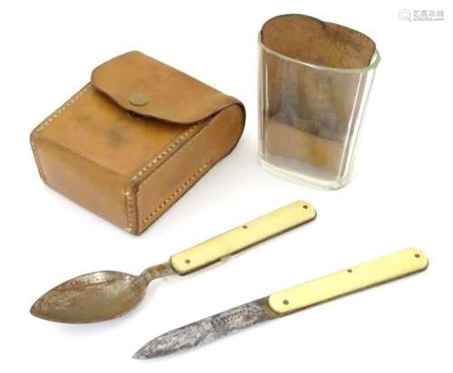 A hunting / campaign canteen of cutlery, comprising folding knife and spoon, with glass beaker,