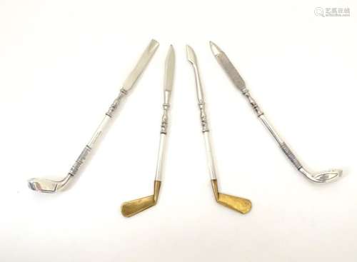 Novelty manicure tools, the handles formed as assorted golf clubs, many marked Sterling.