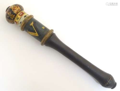 A 19thC William IV turned wooden tipstaff with hand painted polychrome decoration and gilt