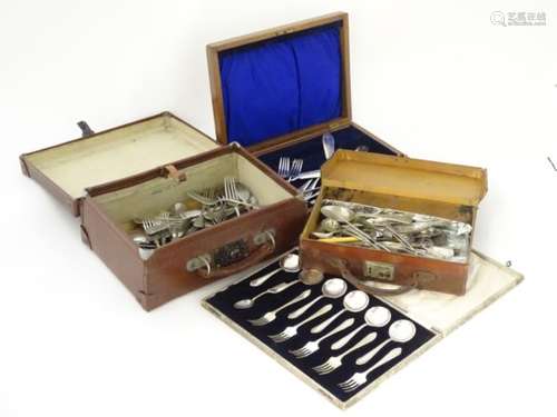 Assorted boxes / cases containing various items of silver plated ware etc.