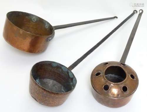 Three French copper pans with long handles and hammered / punched decoration.