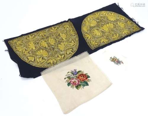 Three textiles items, to include a black fabric panel with two gold thread / wirework designs.