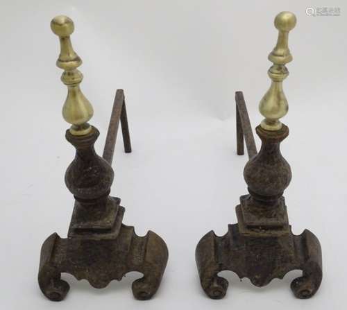 Fire dogs: a pair of late 20thC cast iron Andirons / Firedogs,