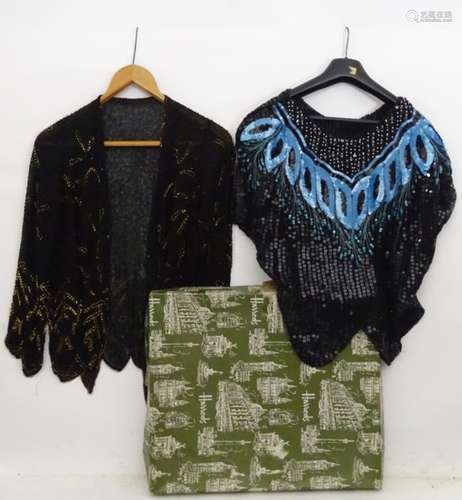 A jacket style top with black bugle beads with a stylisted gold bugle bead pattern.