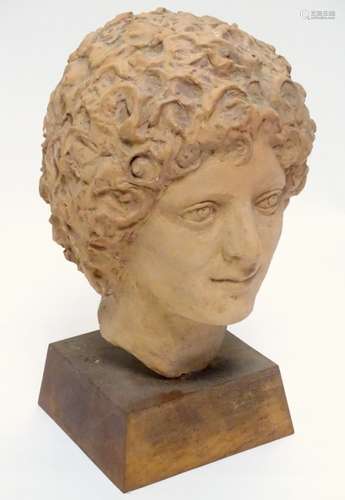 A terracotta bust of a man with curly hair mounted on a wooden plinth. Approx. 16