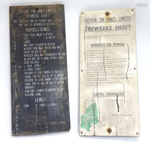 Two lift / elevator panels from the Treweeks Shaft of Geevor Tin Mines, Cornwall,