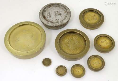 A set of eight mid-20thC brass GPO (General Post Office) postage scale weights, 2lb to 1/4oz,